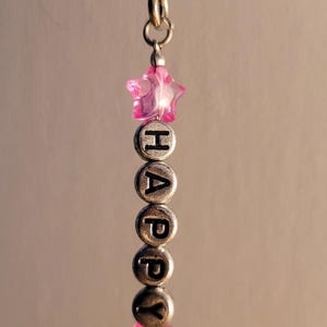 Bag charm / keyring / cell phone charm * Happy * pink stars * clasp with heart motif * plastic beads * handmade