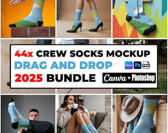 44x Crew Socks Mockup Bundle for Canva and Photoshop Socks Mockups PNG White Socks with Black Heels Template Mockups for Socks