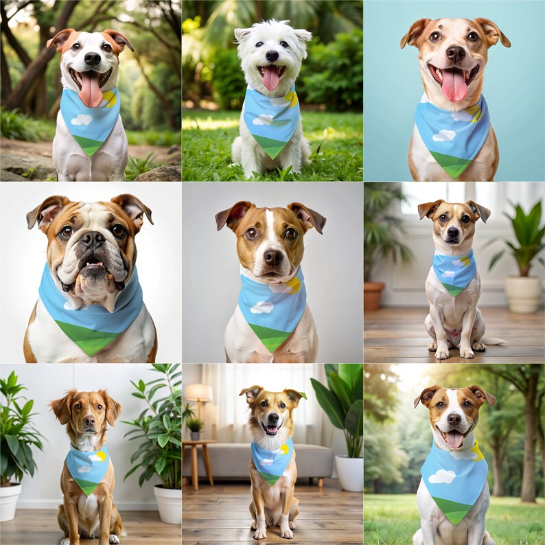 May include: A collection of nine dogs, each wearing a blue bandana with a landscape design. The bandanas feature a green hill, a yellow sun, and white clouds against a blue sky. The dogs vary in breed and size, with different backgrounds.