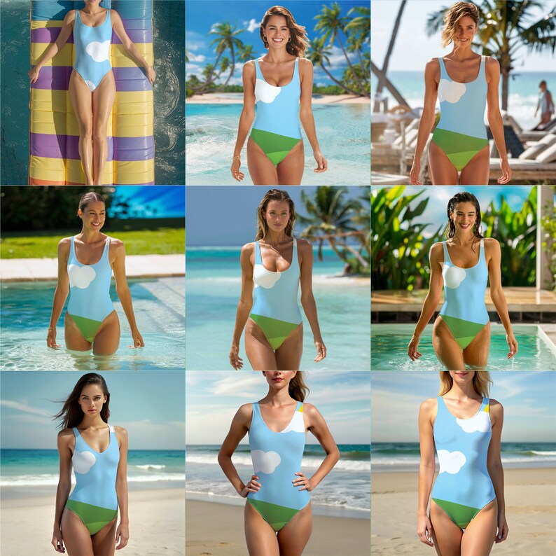 May include: Nine women wearing a blue, green, and white swimsuit with a cloud design. The swimsuit has a scoop neck and a low back. The women are standing in various poses, some are in the water, some are on the beach, and some are on a raft.