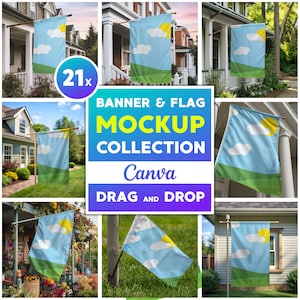 Puede incluir: Una colección de 21 maquetas de banderas para Canva. Las maquetas presentan una variedad de casas y jardines con banderas colgadas de postes. Las banderas son todas del mismo diseño, con un cielo azul, nubes blancas, un sol amarillo y un campo verde. El texto "Banner & Flag Mockup Collection Canva Drag and Drop" se muestra en la imagen.