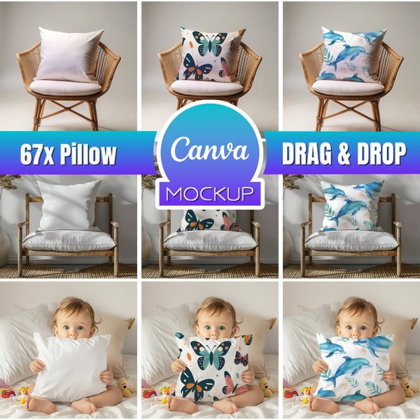 67x Pillow Mockup Bundle PNG for Canva easy to use, Boho and Kids Pillow Cover mock up, Cushion Mockups, Throw and Accent Pillow Mockup