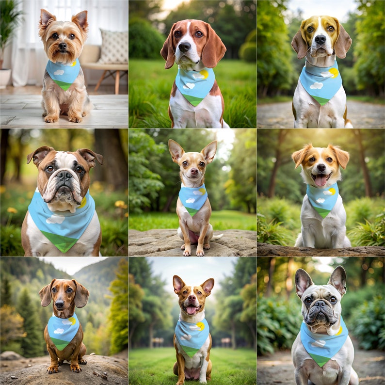 May include: Nine dogs of various breeds wearing matching blue bandanas with a landscape design of a sun, clouds, and green hills. The dogs are in outdoor settings, including grass, rocks, and wooded areas. The bandanas add a touch of style to each dog's appearance.