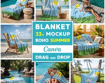 33x Blanket Mockup Bundle for Canva Drag and Drop Transparent Blanket Mock up Boho Summer Blanket Mockups Easy Use
