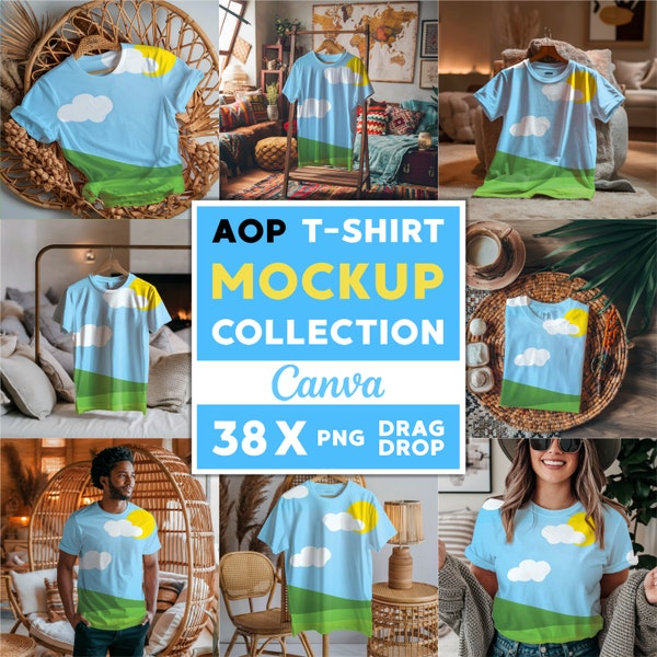 38 maquettes de t-shirt AOP pour Canva, facile à utiliser, PNG transparent, maquette de t-shirt par glisser-déposer pour t-shirt AOP, maquettes intelligentes, modèle de t-shirt aop