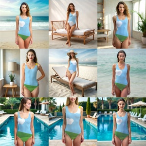 May include: A blue swimsuit with a white cloud and green grass design. The swimsuit is shown on a model in various settings, including a beach and a pool.