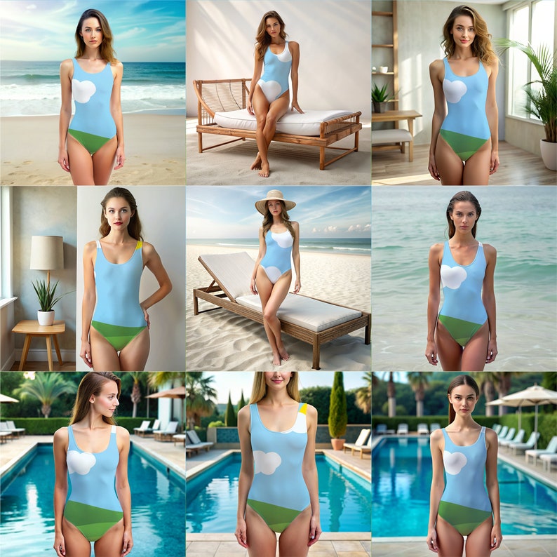 May include: A blue swimsuit with a white cloud and green grass design. The swimsuit is shown on a model in various settings, including a beach and a pool.