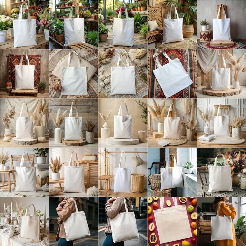May include: A collection of 20 white canvas tote bags displayed in various settings. The bags are shown on wooden surfaces, in front of plants, and being held by people. The bags are all blank and ready to be customized.