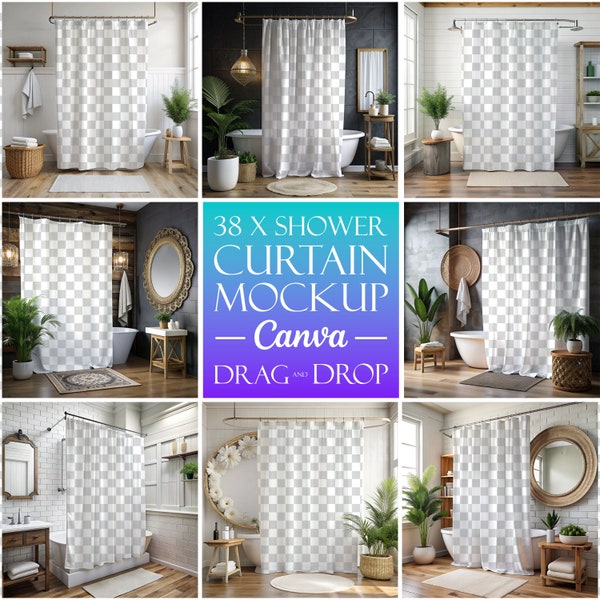 38x Shower Curtain Mockup, Bathroom Curtain Mockups, Drag and Drop Mockup, Mockup Bundle, PNG, Canva Overlay, Canva Mockup, Easy Use