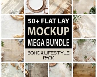 50x Boho Table Flat Lay Mockup Bundle Add Your Own Products, Digital Background Mock up, Styled Stock Photography Scene Creator Mockups