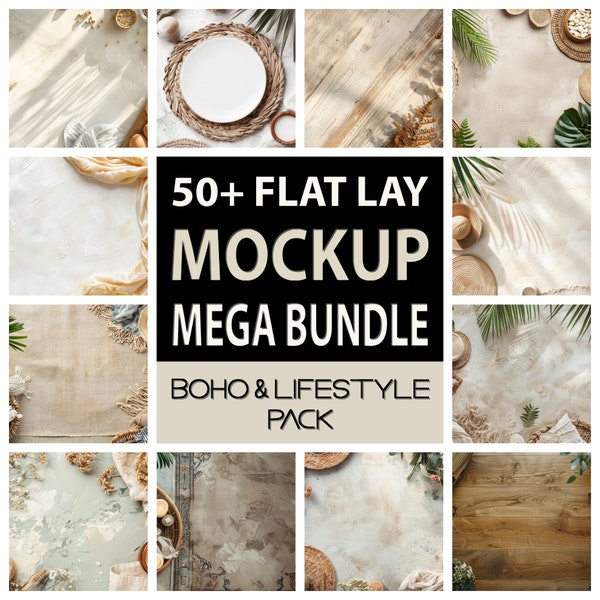 50x Boho Table Flat Lay Mockup Bundle Add Your Own Products, Digital Background Mock up, Styled Stock Photography Scene Creator Mockups