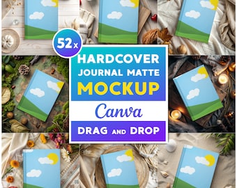52x Hardcover Journal Matte Mockup Bundle for Canva Easy Use Journal Notebook Mockups PNG Overlay Hard Cover Book Mock up Bundle
