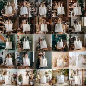 May include: A collage of 25 images featuring white canvas tote bags displayed in various settings, including indoor and outdoor scenes. The bags are shown in different positions, such as hanging, standing, and lying flat. Some images feature plants, furniture, and other decorative elements.