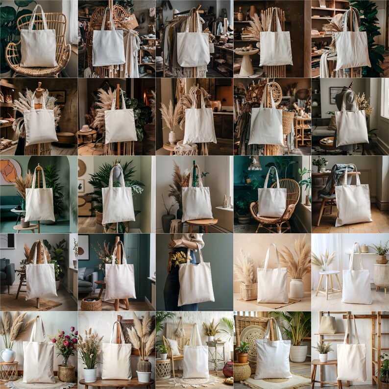 May include: A collage of 25 images featuring white canvas tote bags displayed in various settings, including indoor and outdoor scenes. The bags are shown in different positions, such as hanging, standing, and lying flat. Some images feature plants, furniture, and other decorative elements.