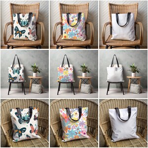 May include: Nine tote bags with different designs. Six of the bags have floral and butterfly patterns. Three of the bags are plain white. The bags are displayed on wicker chairs.