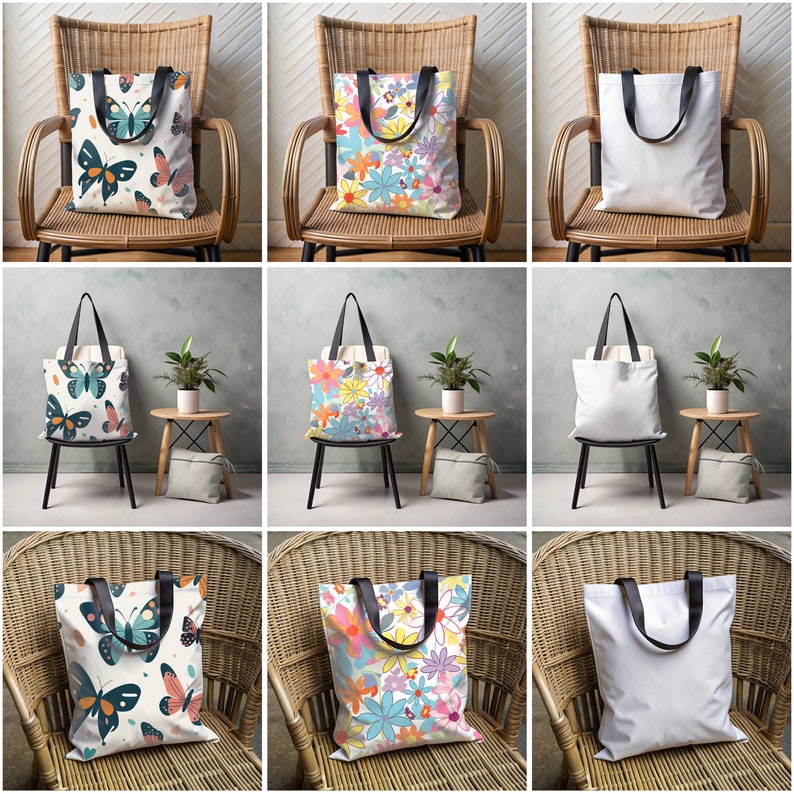 May include: Nine tote bags with different designs. Six of the bags have floral and butterfly patterns. Three of the bags are plain white. The bags are displayed on wicker chairs.