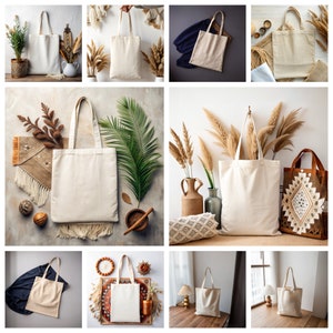 May include: A collage of nine images showcasing various tote bags in different settings. The bags are made of natural canvas and feature a simple design with no embellishments. The images depict the bags in a variety of settings, including a rustic wooden table, a white wall with dried flowers, and a bohemian-style rug.