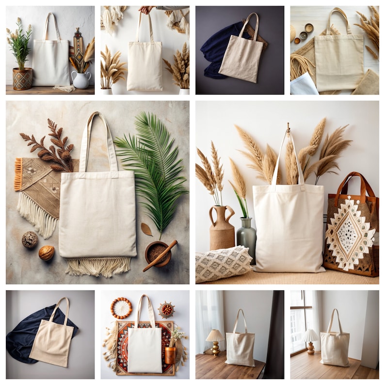 May include: A collage of nine images showcasing various tote bags in different settings. The bags are made of natural canvas and feature a simple design with no embellishments. The images depict the bags in a variety of settings, including a rustic wooden table, a white wall with dried flowers, and a bohemian-style rug.