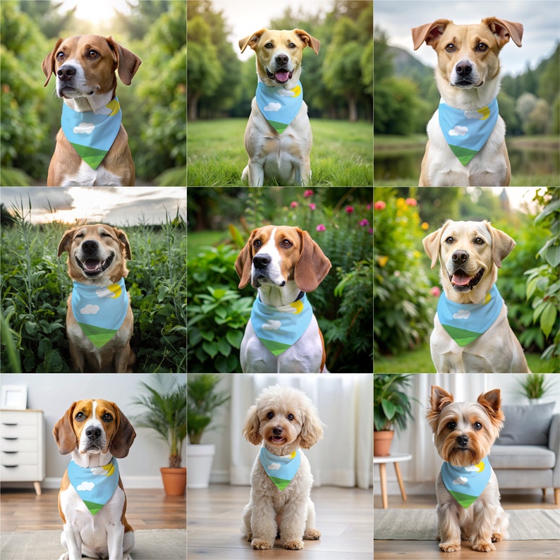 May include: A collection of nine dogs of various breeds, each wearing a light blue bandana. The bandanas feature a landscape design with a yellow sun, green hills, and white clouds. The dogs are in outdoor settings.