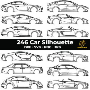 Può includere: Silhouette di auto in bianco e nero, raffiguranti vari modelli, tra cui coupé e cabriolet. L'immagine include il testo "246 Car Silhouette" e informazioni sui tipi di file.