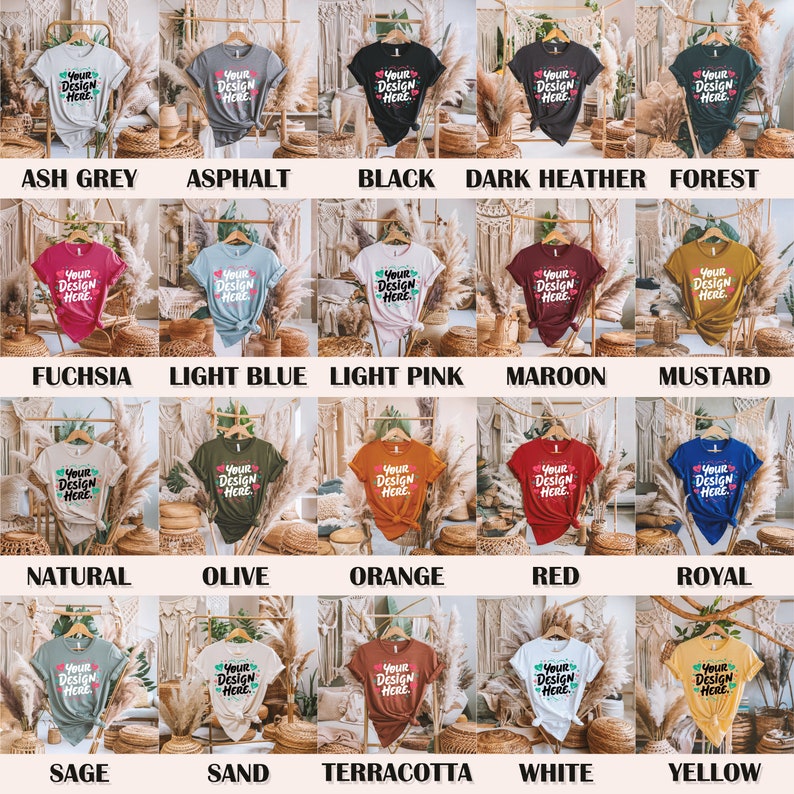 May include: A collection of 20 t-shirts in various colours, each featuring the text "Your Design Here" on the front. The t-shirts are displayed on hangers against a backdrop of woven wicker.