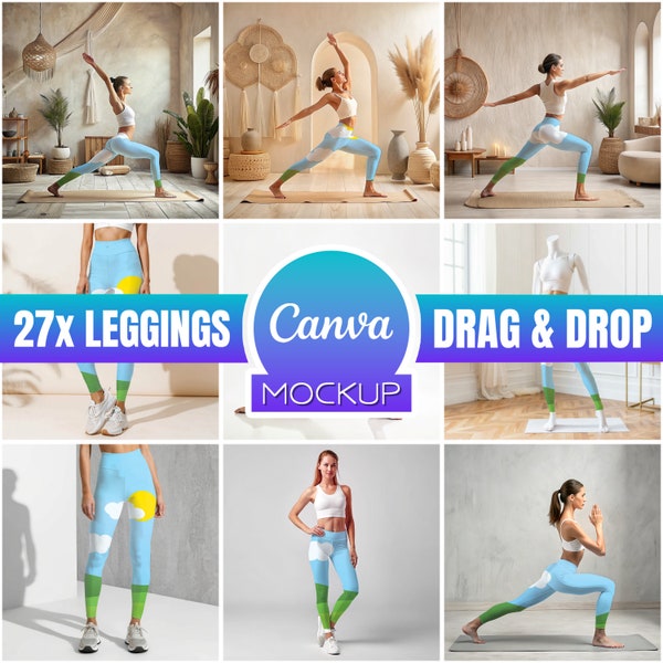 27x Mockup di leggings yoga, Sovrapposizione Canva di facile utilizzo, Mock up di leggings PNG, Mockup di leggings a sublimazione, Mockup di leggings AOP drag and drop