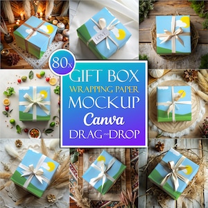 Pacchetto di mockup di confezione regalo e carta da regalo da 80 pezzi per Canva Modello di confezione regalo prodotto drag-and-drop trasparente PNG trasparente di facile utilizzo