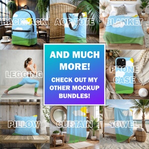 May include: A mockup image collage showcasing various customizable products with a blue sky, white clouds, and green grass design. The products include a backpack, tote bag, blanket, leggings, phone case, pillow, curtain, and towel.