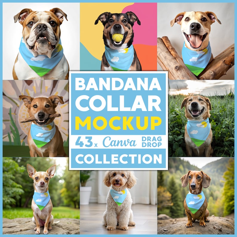 May include: A collection of dog photos wearing blue bandanas with a landscape design. The bandanas feature a green hill, blue sky, and white clouds. The text "Bandana Collar Mockup Collection" is displayed in the center.