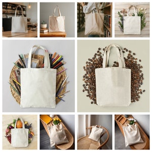 May include: A collection of ten white canvas tote bags in various settings. The bags are shown empty and ready for personalization.