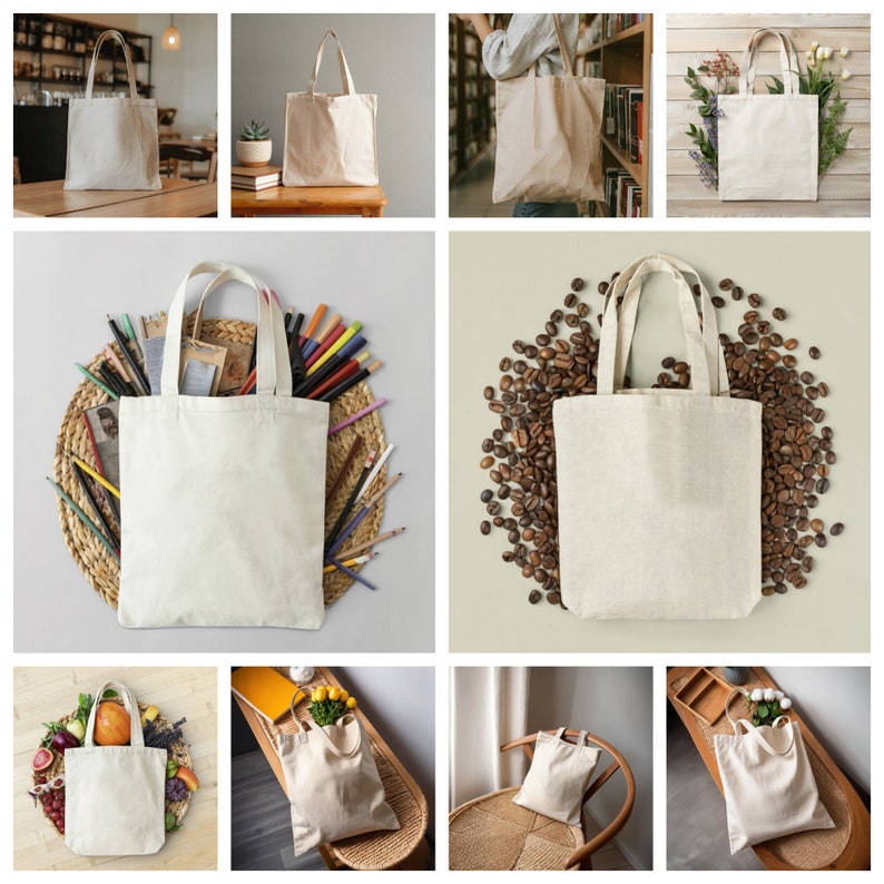 May include: A collection of ten white canvas tote bags in various settings. The bags are shown empty and ready for personalization.