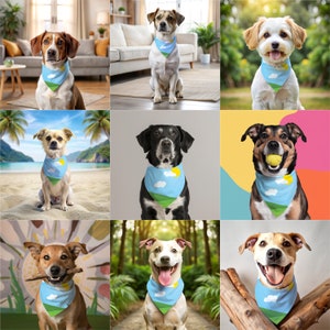 May include: Nine dogs of various breeds are shown, each wearing a light blue bandana with a landscape design of a green hill, white clouds, and a yellow sun. The dogs are in different settings, including a home, beach, and forest.