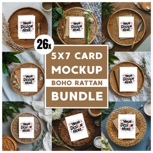 26x Boho Card Mockup Bundle 5x7 Rattan Card Mockups Invitaciones Invitar Tarjetas de felicitación estacionarias A7 Tarjeta de boda de cumpleaños JPG + PNG Digital