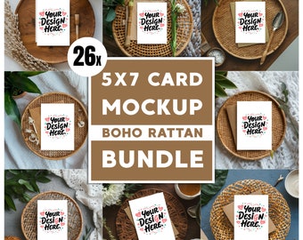 26x Boho Karte Mockup Bundle 5x7 Rattan Karte Mockups Einladungen Einladen Stationär A7 Grußkarten Geburtstag Hochzeitskarte JPG + PNG Digital