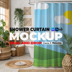 Shower Curtain Mockup for Canva And Photoshop, Bathroom Curtain Mockups Easy Use Curtain Mock up Drag and Drop Shower Curtain Mockups PNG