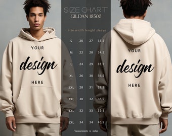Gildan 18500 Size Chart Mockup, sand hoodie size chart mockup, gildan hoodie size guide mockup, gildan front back size chart mockup