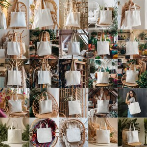 May include: A collection of 25 white tote bags displayed in various settings, including a bohemian-style room, a wooden chair, and a wicker basket. The bags are made of natural canvas and have a simple design.
