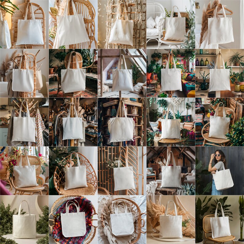 May include: A collection of 25 white tote bags displayed in various settings, including a bohemian-style room, a wooden chair, and a wicker basket. The bags are made of natural canvas and have a simple design.