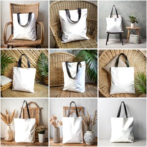 May include: Nine white tote bags with black handles are displayed in various settings. Some bags are on wicker chairs, others are on wooden surfaces, and some are on woven mats. The bags are all empty and ready to be filled with items.