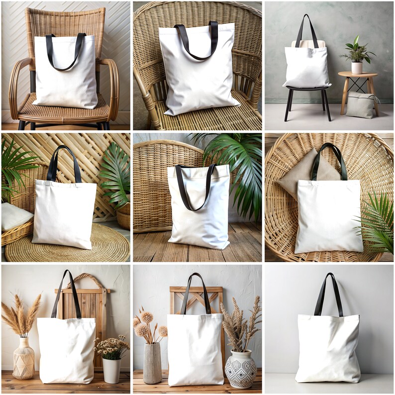 May include: Nine white tote bags with black handles are displayed in various settings. Some bags are on wicker chairs, others are on wooden surfaces, and some are on woven mats. The bags are all empty and ready to be filled with items.