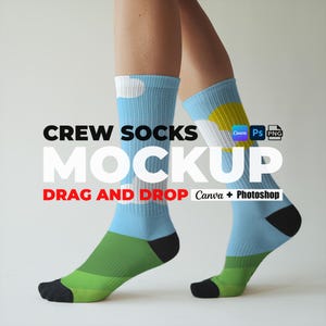 May include: A pair of crew socks in a mockup. The socks are light blue with white cloud designs, green and black accents. The text "CREW SOCKS MOCKUP" is displayed in black and white, with "DRAG AND DROP Canva + Photoshop" in red and white.