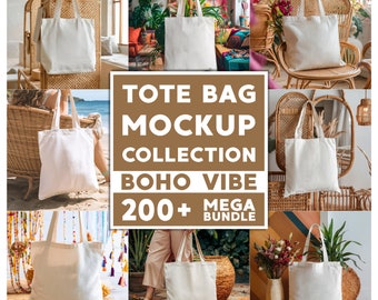 Może przedstawiać: Kolekcja ponad 200 makiet toreb typu tote z boho klimatem. Torby są wykonane z białego płótna i pokazane w różnych sceneriach, w tym na wiklinowym krześle, na plaży i w pokoju w stylu boho.