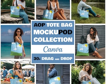 30x AOP Tote Bag Mockup Bundle Canva Easy Use AOP Tote Model Mockups for AOP Tote Bag Drag Drop Mock Up aop Tote Bag Black Handle Mockup