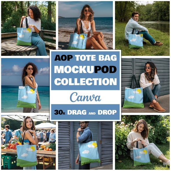30x AOP Tote Bag Mockup Bundle Canva Easy Use AOP Tote Model Mockups for AOP Tote Bag Drag Drop Mock Up aop Tote Bag Black Handle Mockup