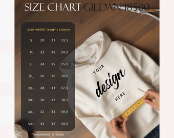 Gildan 18500 Size Chart Mockup, hoodie size chart mockup, gildan hoodie size guide mockup, gildan 18500 hoodie template, psd, jpg