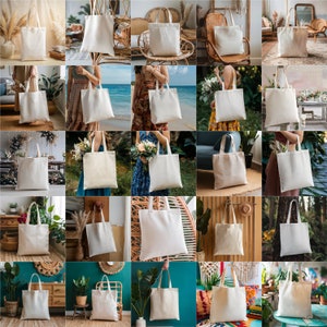 May include: A collage of 25 images showcasing various uses for plain white tote bags. The bags are shown in different settings, including indoor and outdoor locations, and are being used by people of different ages and genders. The bags are all made of a durable, natural fabric and are perfect for carrying groceries, books, or other personal items.