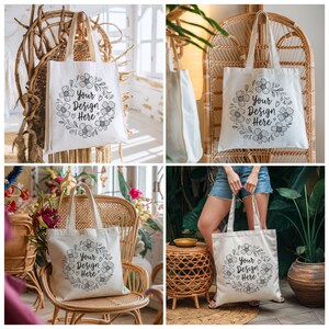 May include: Three white canvas tote bags with black floral designs and the text "Your Design Here". The bags are shown in different settings, including on a wicker chair, on a wicker shelf, and being held by a person.