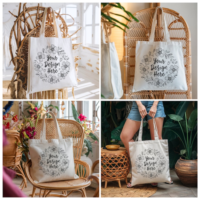 May include: Three white canvas tote bags with black floral designs and the text "Your Design Here". The bags are shown in different settings, including on a wicker chair, on a wicker shelf, and being held by a person.