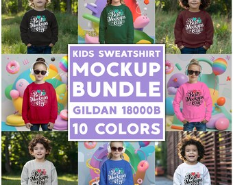 22x Paquete de maquetas de sudadera para niños Gildan 18000B Mock Up para maquetas de sudaderas juveniles Plantilla Gildan 18000 B de manga larga para niños