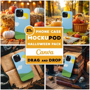 21x Halloween iPhone 15 Pro Max Tough Case Mockup Bundle für Canva Easy Use Drop PNG Mock Herbst Etsy Shopify Phone Case Mockups